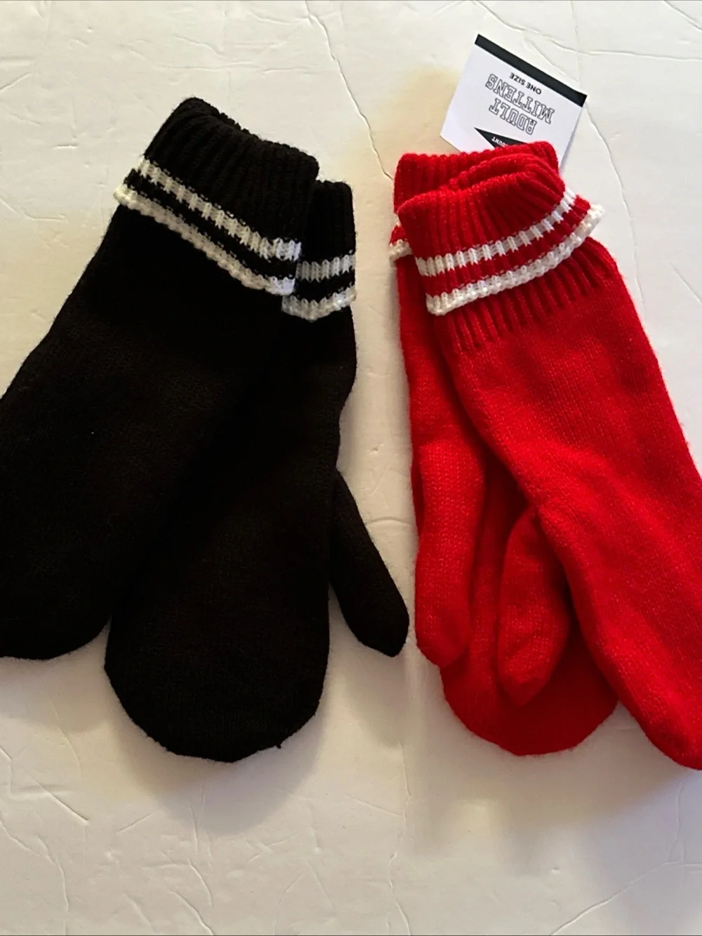 Women’s 2-Pack Knit Mittens Black & Red White Stripes Bundle New